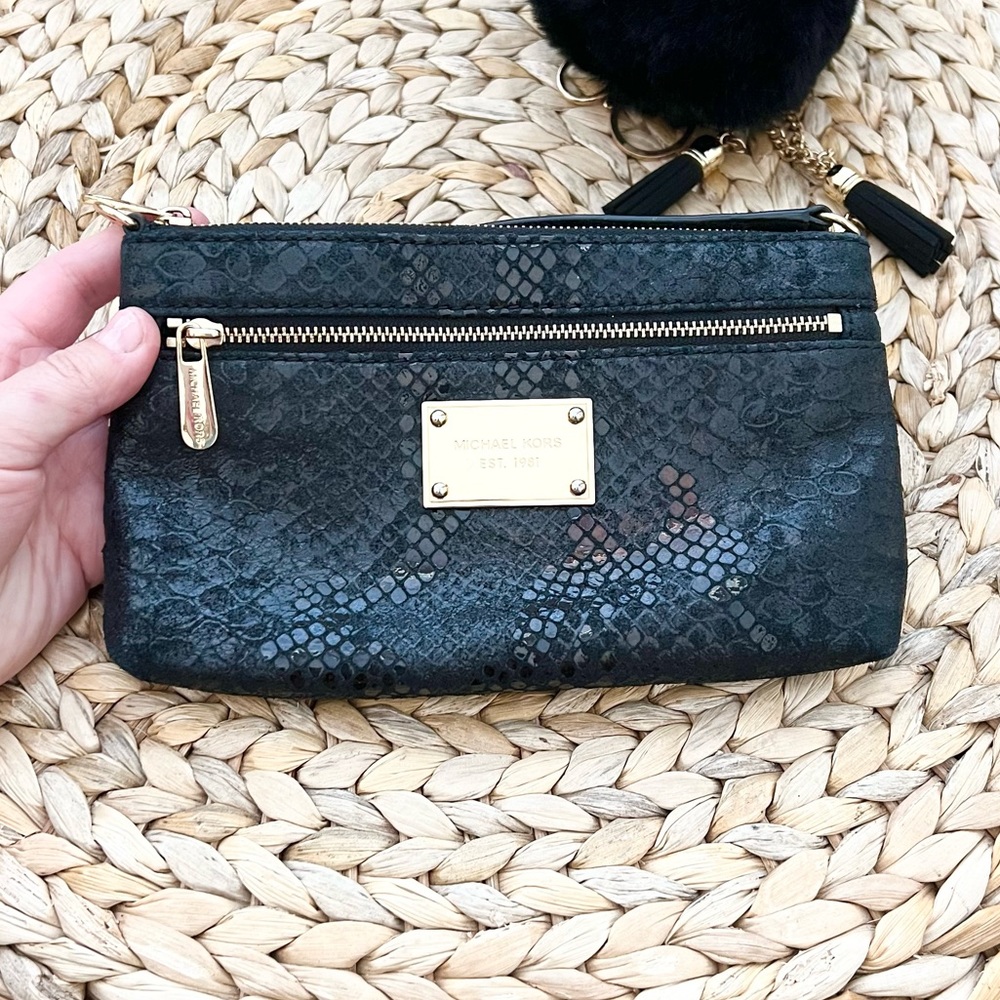Michael Kors black snakeskin embossed pom pom tassel wristlet clutch wallet